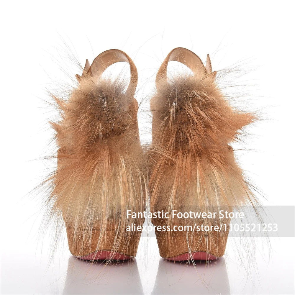 Camel Brown Suede Fluffy Fur Pom Pom Slingback Platform Stiletto Heels Peep Toe Buckle Strap Evening Party Dress Shoes for Women view 6