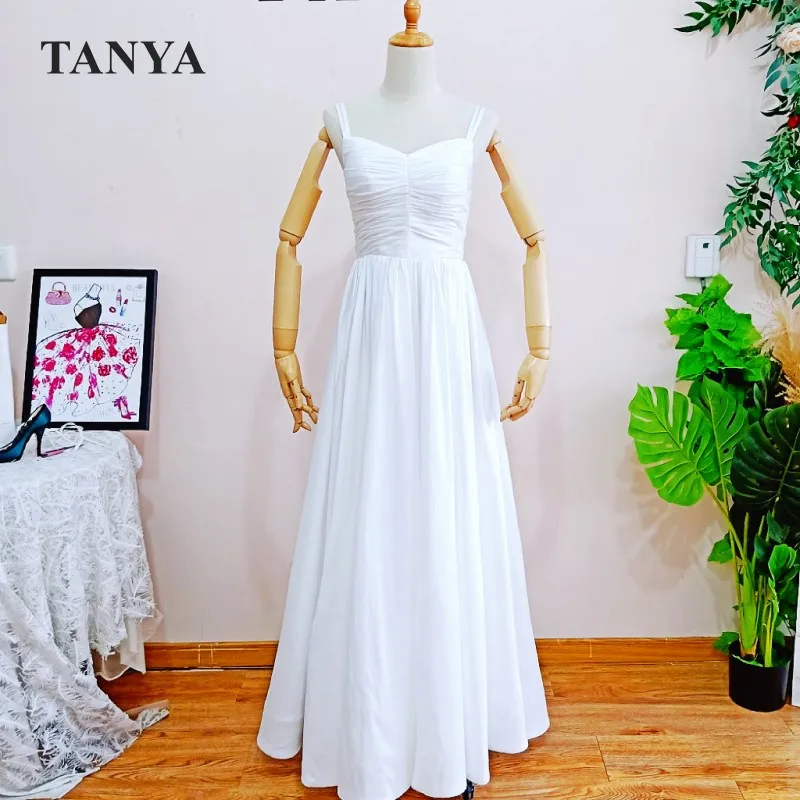 Long Wedding Dress A Line Simple Taffeta A Line  Bride Dress Pleated Sweetheart Spaghitte Strap Floor Length Bride Gown TT517