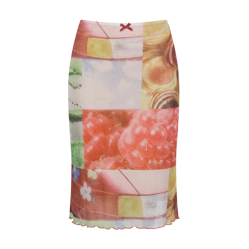 جودة عالية الساخن بيع بالجملة 2025 جديد عطلة شبكة مطبوعة متوسطة طويلة مستقيم أنبوب تنورة المرأة قصيرة الأكمام تي شيرت