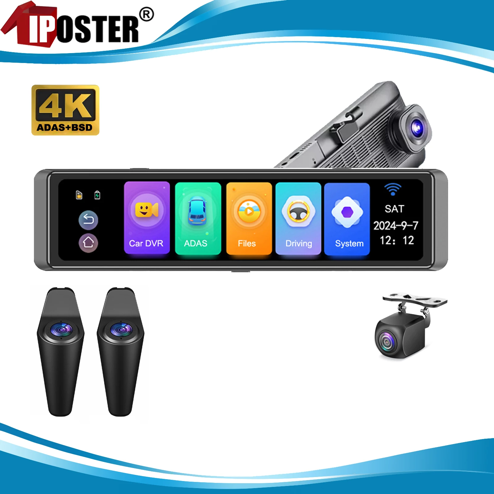

iPoster 12" 4K Front Dash Cam 1080P Sides Rear Cam 4ch Car DVR WiFi APP Video Recorder ADAS BSD Ai Detection Kit
