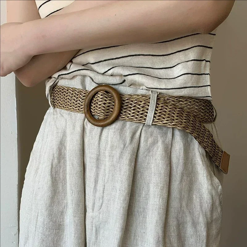 Bohemia Wide Waist Straps Ladies Retro Waist Belt Vintage Boho Braided Waist Belt Round Buckle Pin Belts Woven Straw Waistband
