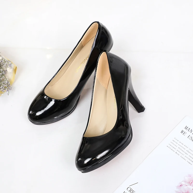 

New Women Pumps Shoes Women PU Leather Shallow Slip-On Round Toe High heels Shoes Wedding Party derss shoes size 34-42