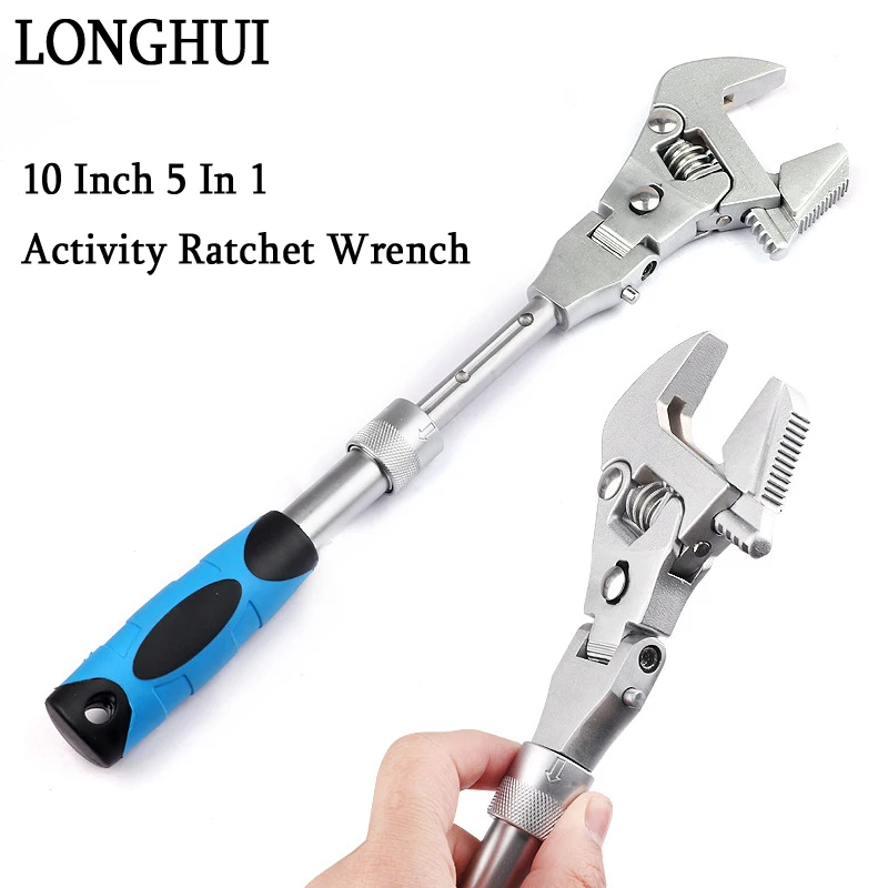 

10 Inch Telescopic Adjustable Spanner 5 In 1 Folding Ratchet Handle Wrench Open End Wrench Water Electricity Wrench Hand Tools