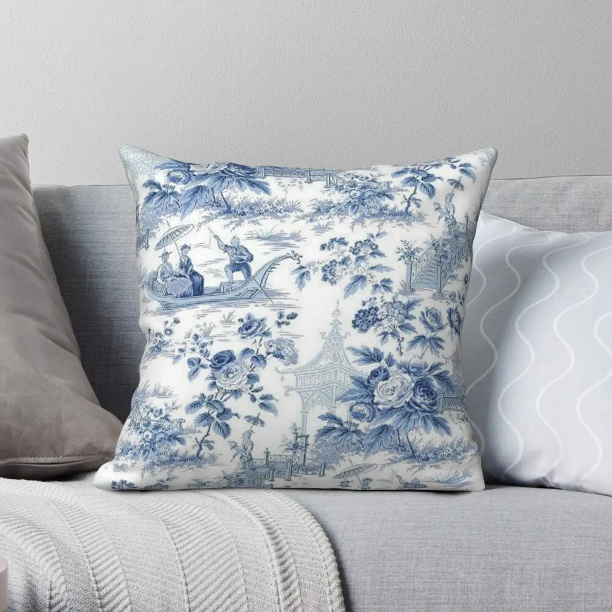 Powder Blue Chinoiserie Toile Square Pillowcase Polyester Linen Velvet Creative Zip Decorative Room Cushion Cover