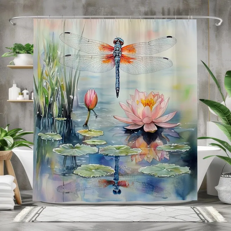Dragonfly and Lotus Bath Curtain - Nature Bathroom Decor - Waterproof Fabric Shower Curtain - Tranquil Pond-Inspired Design