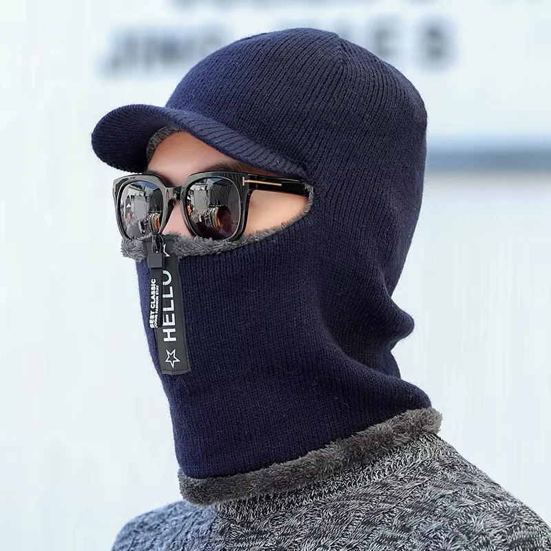 Thicken Warm Visor Beanies Hats For Men Ear Face Mask Neckwarmer Cap Men's Winter Plush Balaclava Lined Knitted Hat With Zipper