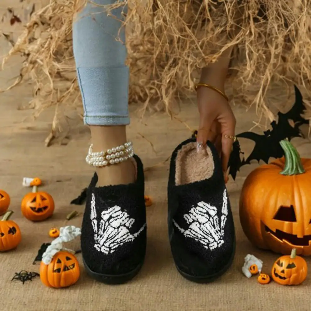 Halloween Fluffy Slippers Autumn Winter Skeleton Hand Pattern Plush Slip-ons Fuzzy Flat Slides for Women Men Indoor Bedroom