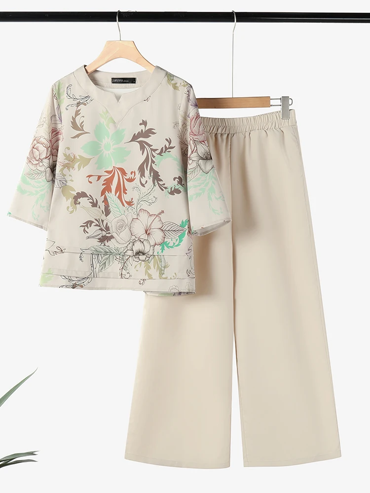 

ZANZEA 2PCS Summer Trousers Suits Women Printed Matching Sets 3/4 Sleeve Floral Blouse Wide Leg Pant Sets Casual Loose Outfits
