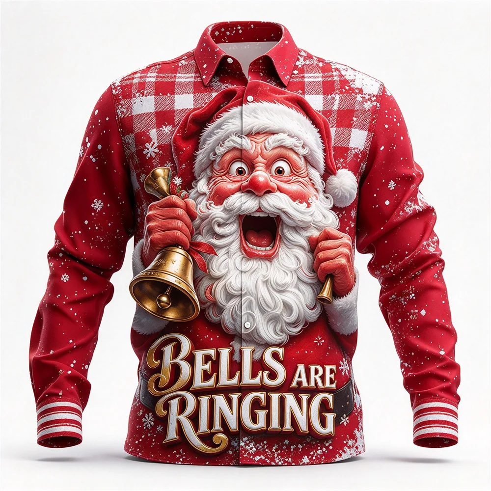 Men's Long Sleeve Ugly Christmas Shirt Vintage Plaid 3D Funny Santa Slogan Print Button Up Shirt Christmas Holiday Costume Gifts