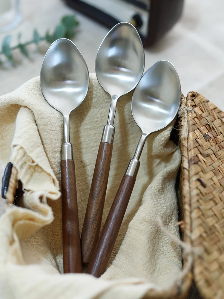 Vintage walnut brushed western tableware 304 stainless steel soup  pointed spoon rice home dinner  Japanese