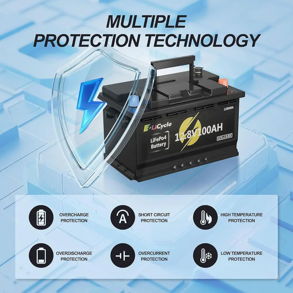 12V 100Ah LiFePO4 Battery, Lithium Battery with Built-in 100A BMS Features NTC and Low-Temperature Protection, Customized