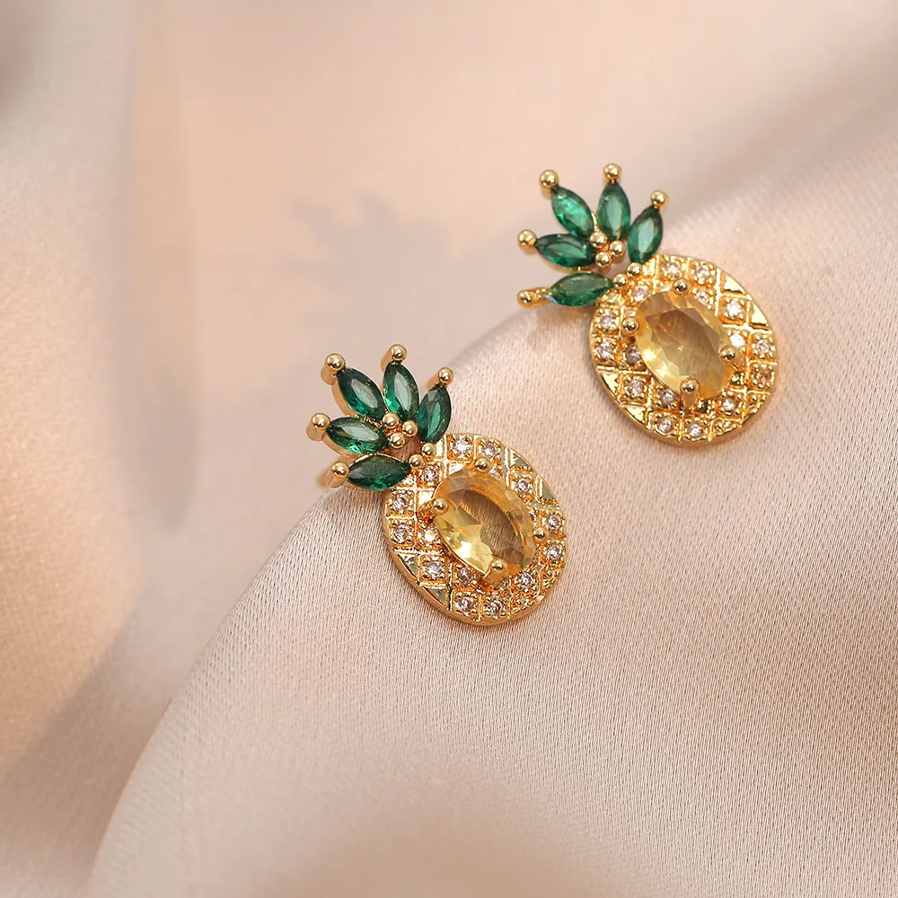 Copper Popular Pineapple Necklace Cubic Zircon Korean Micro Inlay Jewelry Fruit Series Earrings Net Ring For Women Jewelry Set