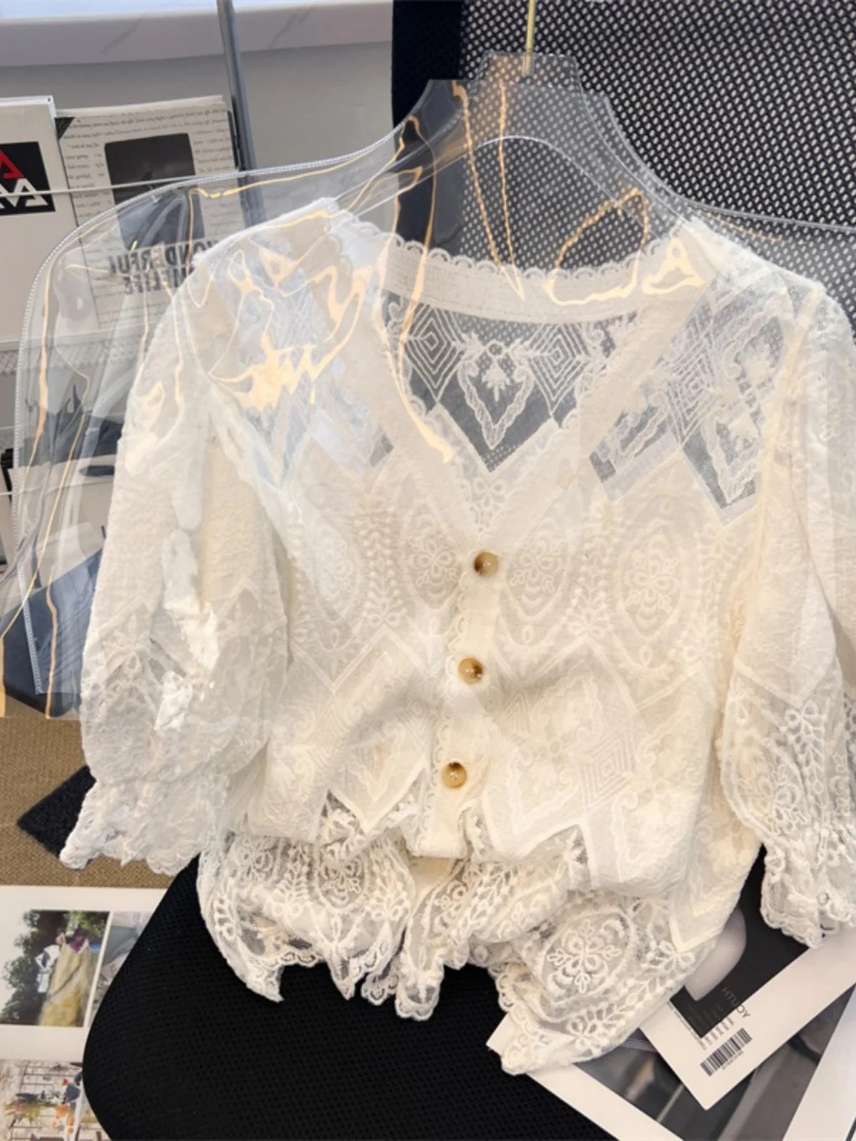 Gestickte, ausgehöhlte Bubble Sve V-Ne irt Plus Size Damen Faion Lässige Baumwollbluse Spitze Spleißen Künstlerische Sle
