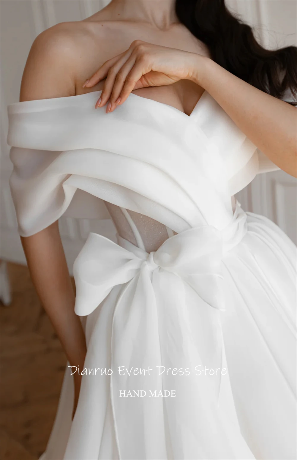 Dianruo Bow Belt Wedding Dresses Short Length A Line Vestido Noiva Princesa Brilhoso Off Shoulder Robes De Mariée Customized