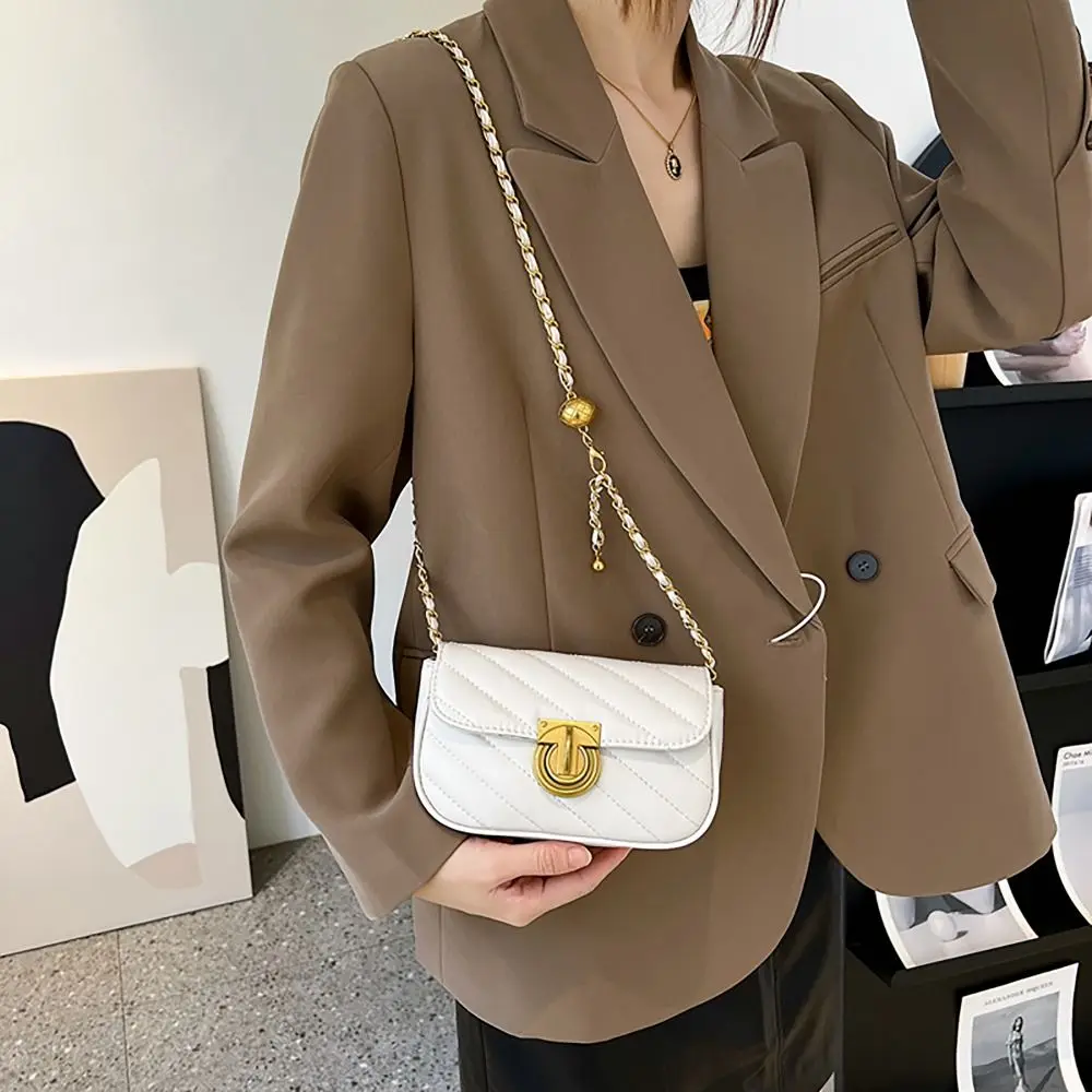 PU Leather Chain Shoulder Bag Leisure Swivel Lock Lattice Crossbody Bag Large Capacity Underarm Bag Women Girls