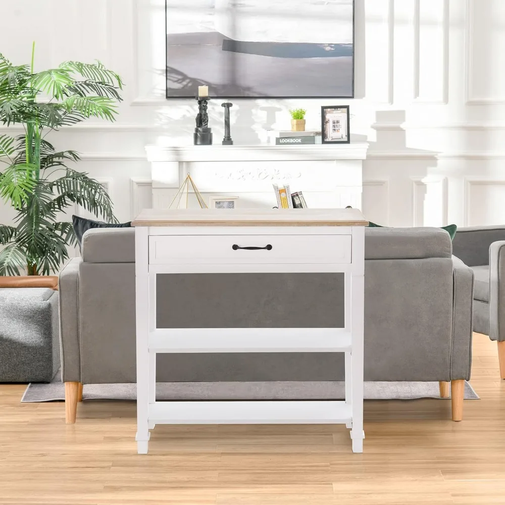 Modern Style Sofa Console Entry Hallway Table with Drawer and Shelves, Sturdy Build, and Large Storage, White