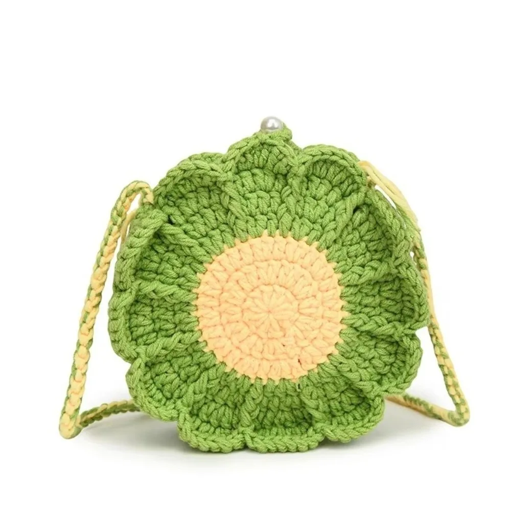 Sweet Handmade Knitted Handbag Rustic Design Sunflower Pattern Mini Shoulder Bag with Strap Shopper Purse for Women