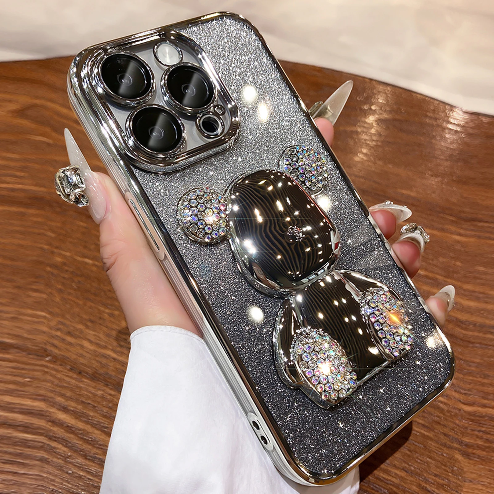 Luxury 3D Diamond Bling Crystal Bear Gradient Plating Phone Case For iPhone 13 14 15 Pro Max No Yellowing Cover Capa Gift Case