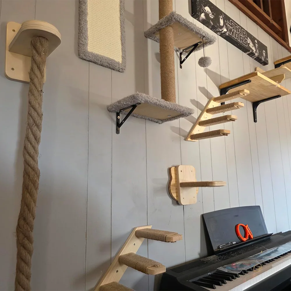 

Wall Mounted Cat Wall Shelves Wooden Cat Tree Sisal Scratching Post Climbing Pedal with Hammock Indoor Kitten Rest Playground
