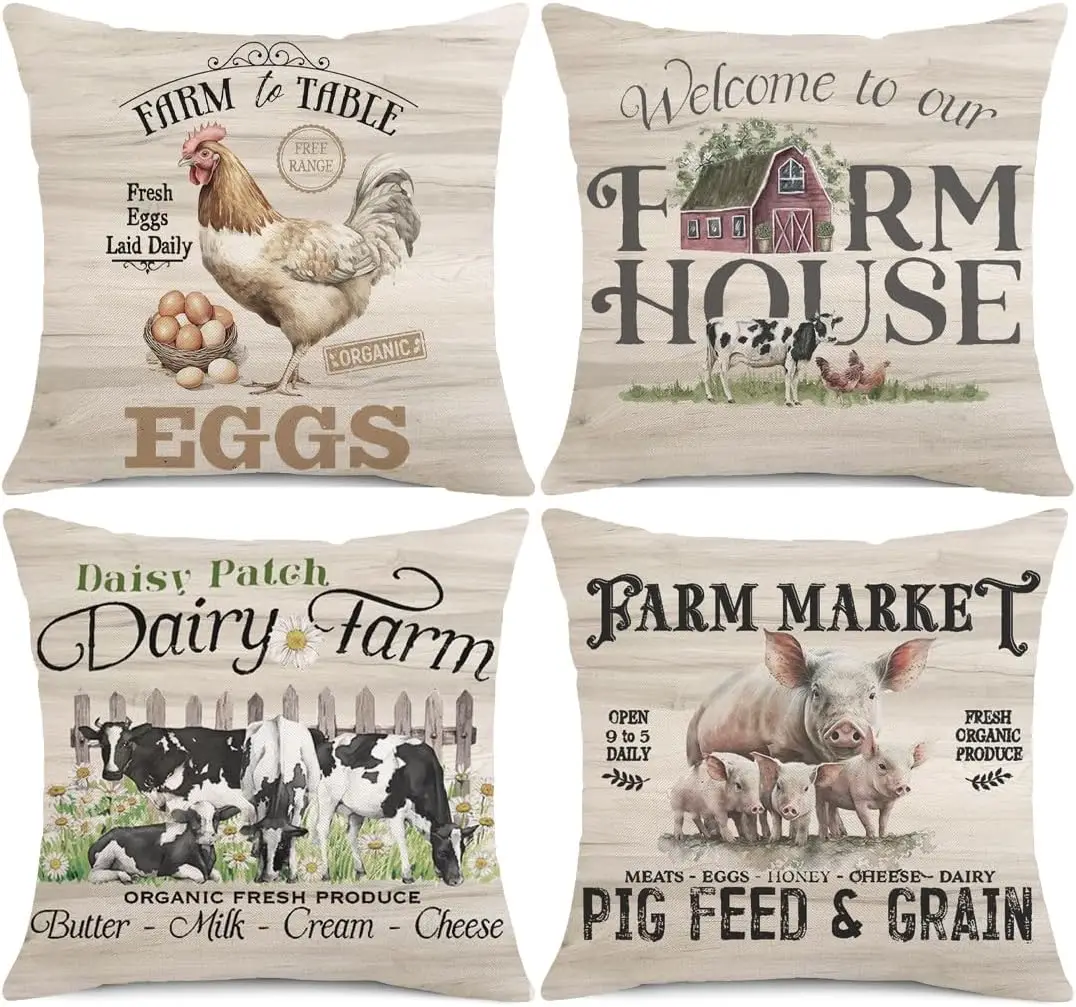 Rustic Farmhouse Pillow Covers Set 4PCS Country Decor Cushions Farm Life Kitchen Eggs Dairy Pig Market Home Accent