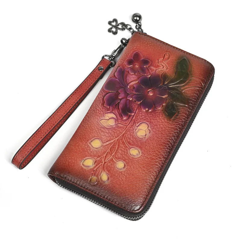 MOTAORA レディース ヴィンテージ レザー 長財布 ジッパー付き、花柄クラッチ財布、レディース用、RFIDカードホルダー レトロ リストレット ハンドバッグ