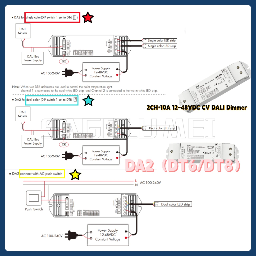 

Skydance 2-канальный диммер постоянного напряжения DALI DA2 (DT6/DT8) 10A/CH для затемнения DT6 или светодиодной ленты с цветовой температурой DT8
