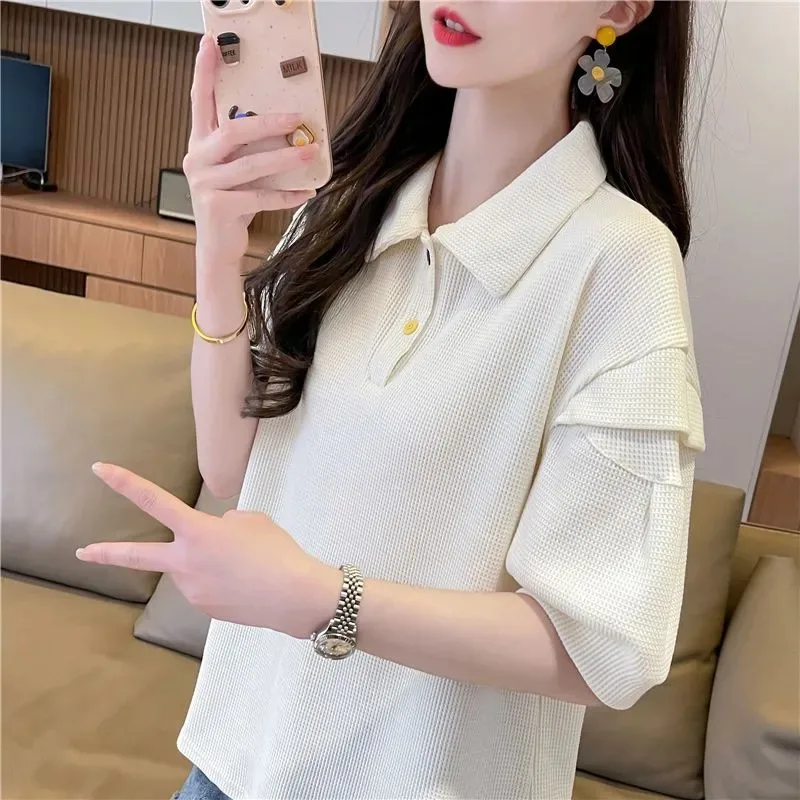 Women's Loose Lazy Style Collar Short Sleeve T-shirt Casual Solid Color Waffle Knit Top