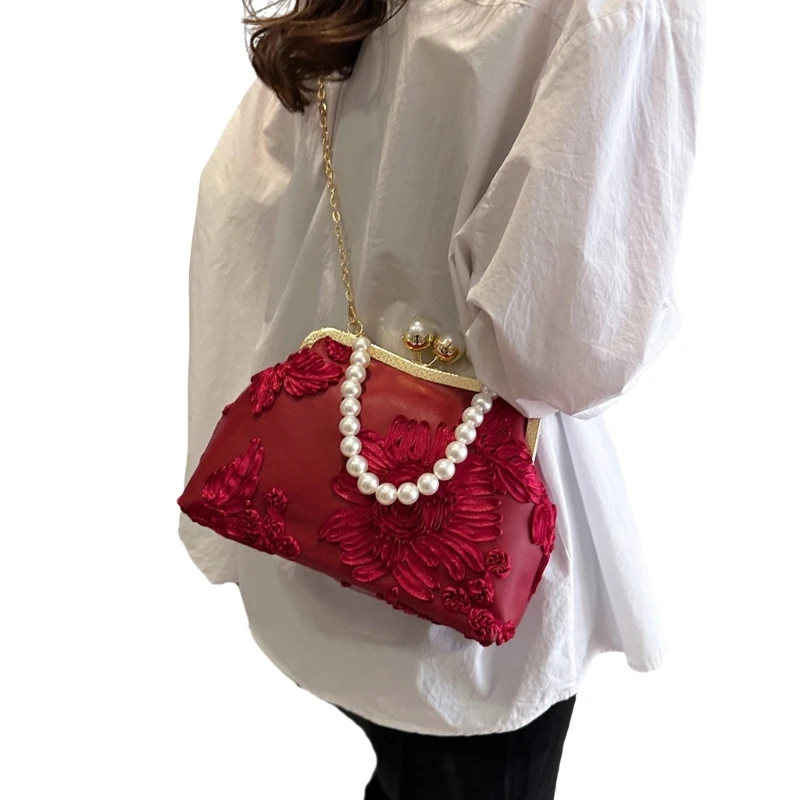 Women Fashionable Pearl Beaded Evening Bag with Chain Vintage Flower Purse Crossbody Handbag for Dinners and Celebration