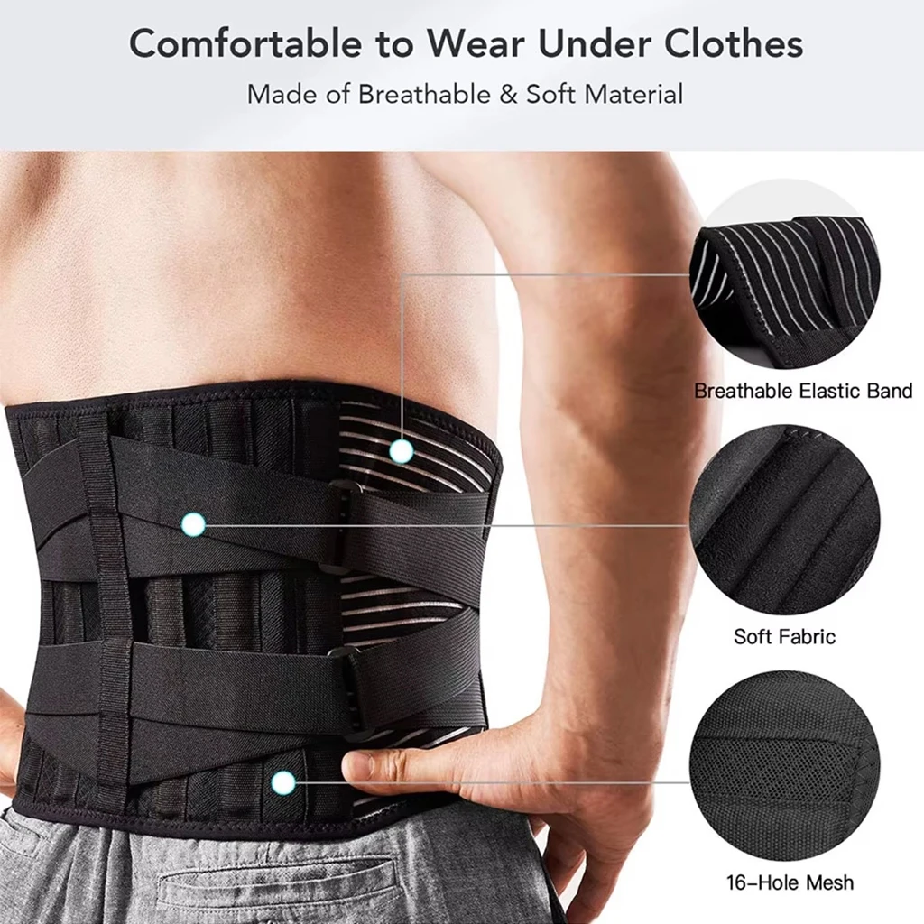 Adjustable Lower Back Brace Lumbar Support Belt with 6 Stays Anti-Skid Orthopedic Waist Trainer for Gym Workout Pain Relief Men