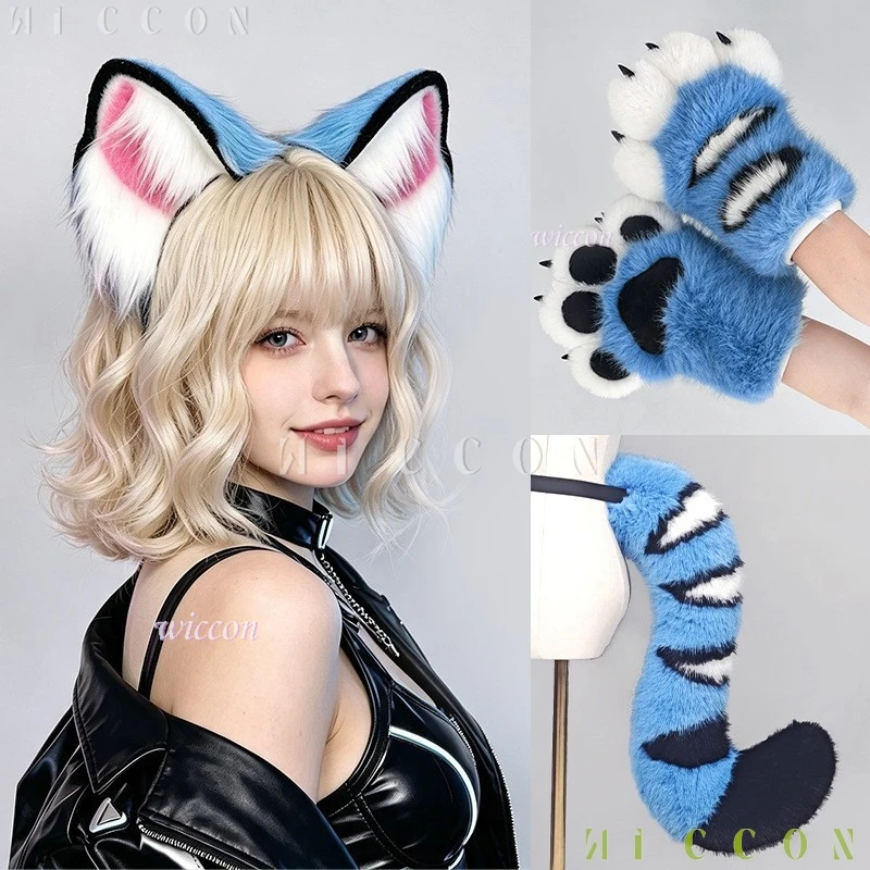 Derpyy Blue Tiger Fursuit Ears Tail Set Soft Faux Fur Messenger Tiger Beast Ears Cosplay Halloween Furry Convention Party