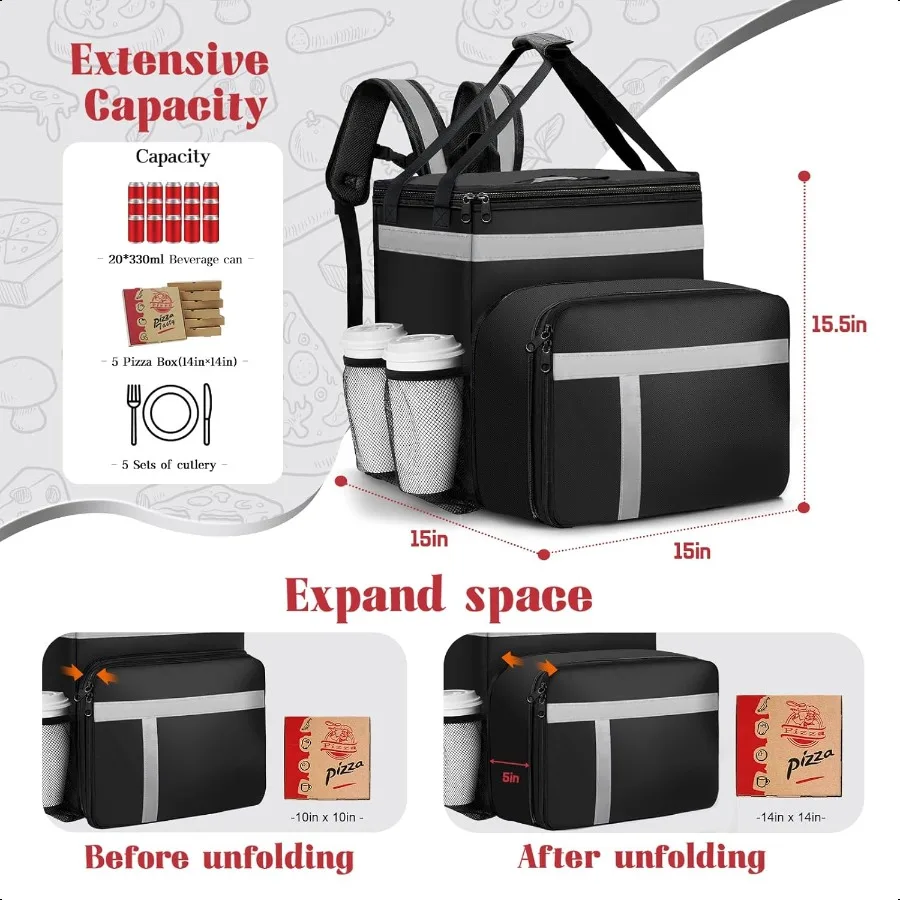 Mochila para entrega de alimentos, bolsa isolada expansível para entrega de alimentos, bicicleta com faixa reflexiva, grande bolsa para entrega de pizza