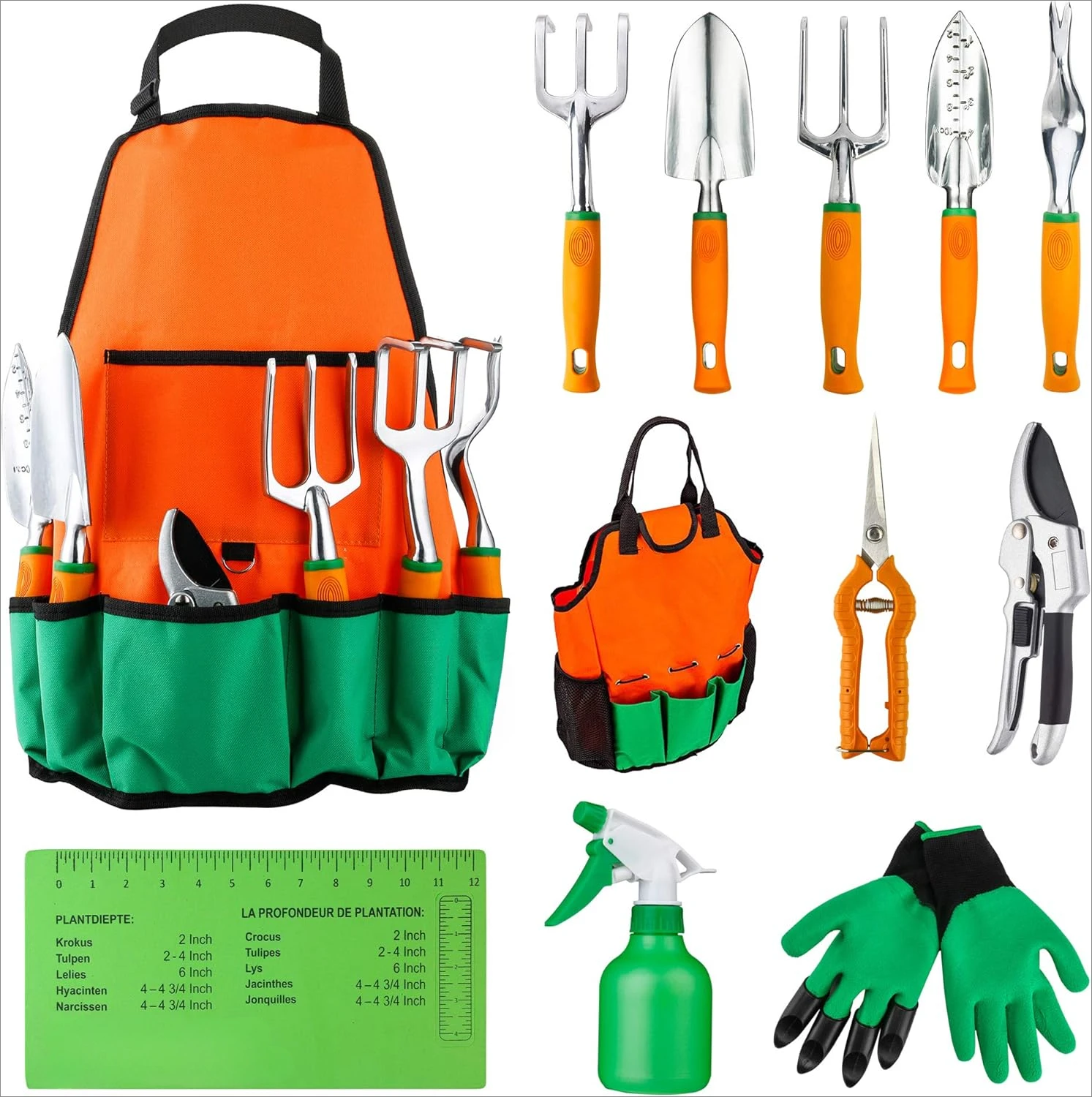 12 Piece Aluminum Hand Tool Kit, Garden Canvas Apron with Storage Pocket, Outdoor Tool, Heavy Duty Gardening