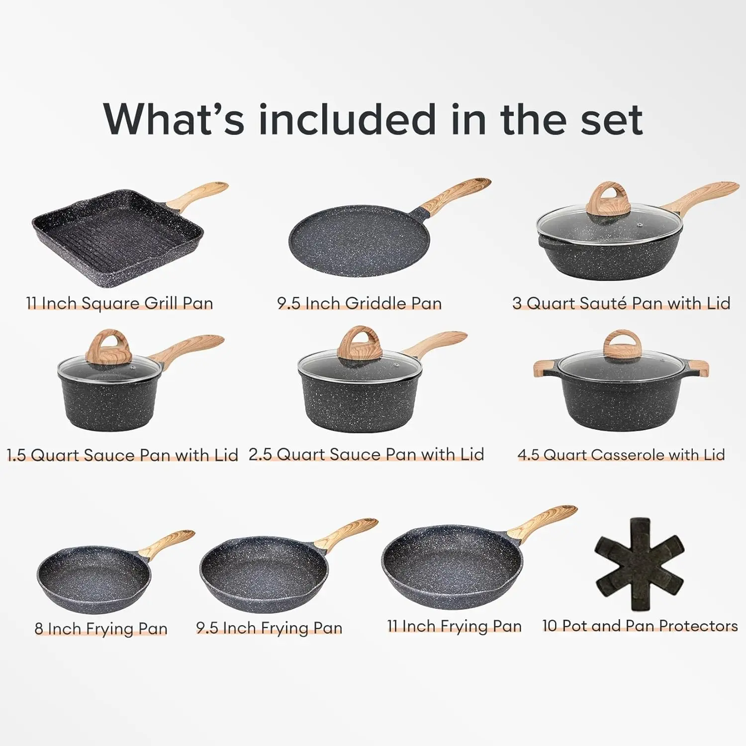 JEETEE Pots and Pans Set Nonstick 23pcs, Healthy Kitchen Cookware Sets, Induction Cooking Set W/Gray Granite Stone Frying Pans,