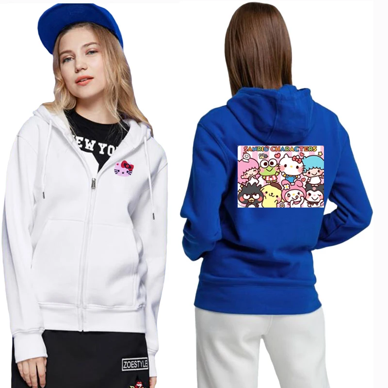 

Women Autumn Winter Zippered Hooded Cardigan with Pink Cat Embroidery Cartoon Cute Sweetheart Print Cotton Pocket Wool Hoodie