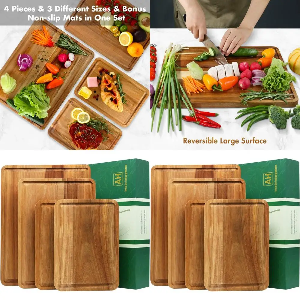 

Set of 4 Acacia Wood Cutting Boards for Kitchen & Cheese Platters, Non-Slip, Juice Groove, Handles (16x12, 14x10, 11x8) with Gif