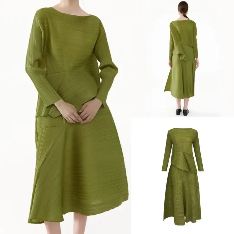 

Комплект плиссированной юбки Miyake Plisse, осень 2023, новый плиссированный топ + серо-серый комплект, женская футболка нестандартного дизайна, большая распашная юбка, комплект из 2 предметов