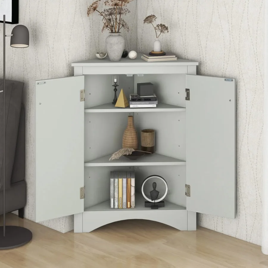 Grey Triangle Bathroom Storage Cabinet with Adjustable Shelves Freestanding Floor Cabinet for Home Kitchen