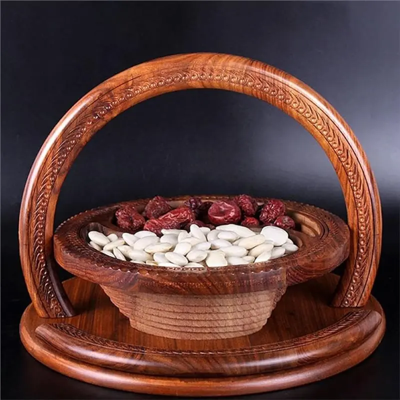 AEE4-2PCS Handmade Wood Carving Fruit Plate, Wooden Folding Fruit Plate,Nuts Baskets, Gift Basket Fruit Bowl, Triple Grid