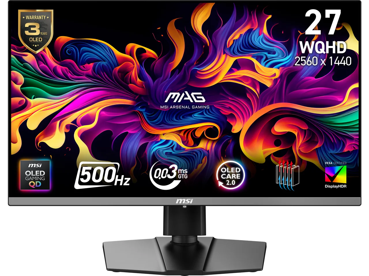 MSI 27 inch QHD 2K 1440P 500Hz AMD FreeSync Premium Pro & G-Sync Compatible 0.03ms HDR500 USB-C OLED Gaming Computer Monitor with Height Adjustable, Swivel, Pivot & Tilt Stand MAG 272QP QD-OLED X50