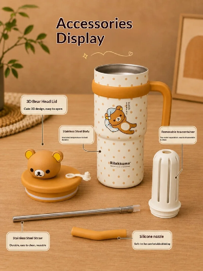 730ml New Rilakkuma Insulated Cup Straw Cup 316l Stainless Steel Large Capacity Dundun Water Cup With Tea Strainer Holiday Gifts