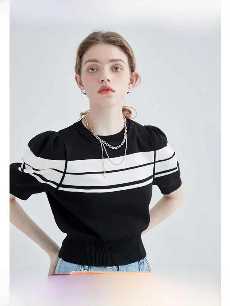 

VEGA CHANG Women's Knitted T-irt Slimming Waist Bubble Sve Holiday Design Stripe Pattern Summer Commute Sle Regular Fit