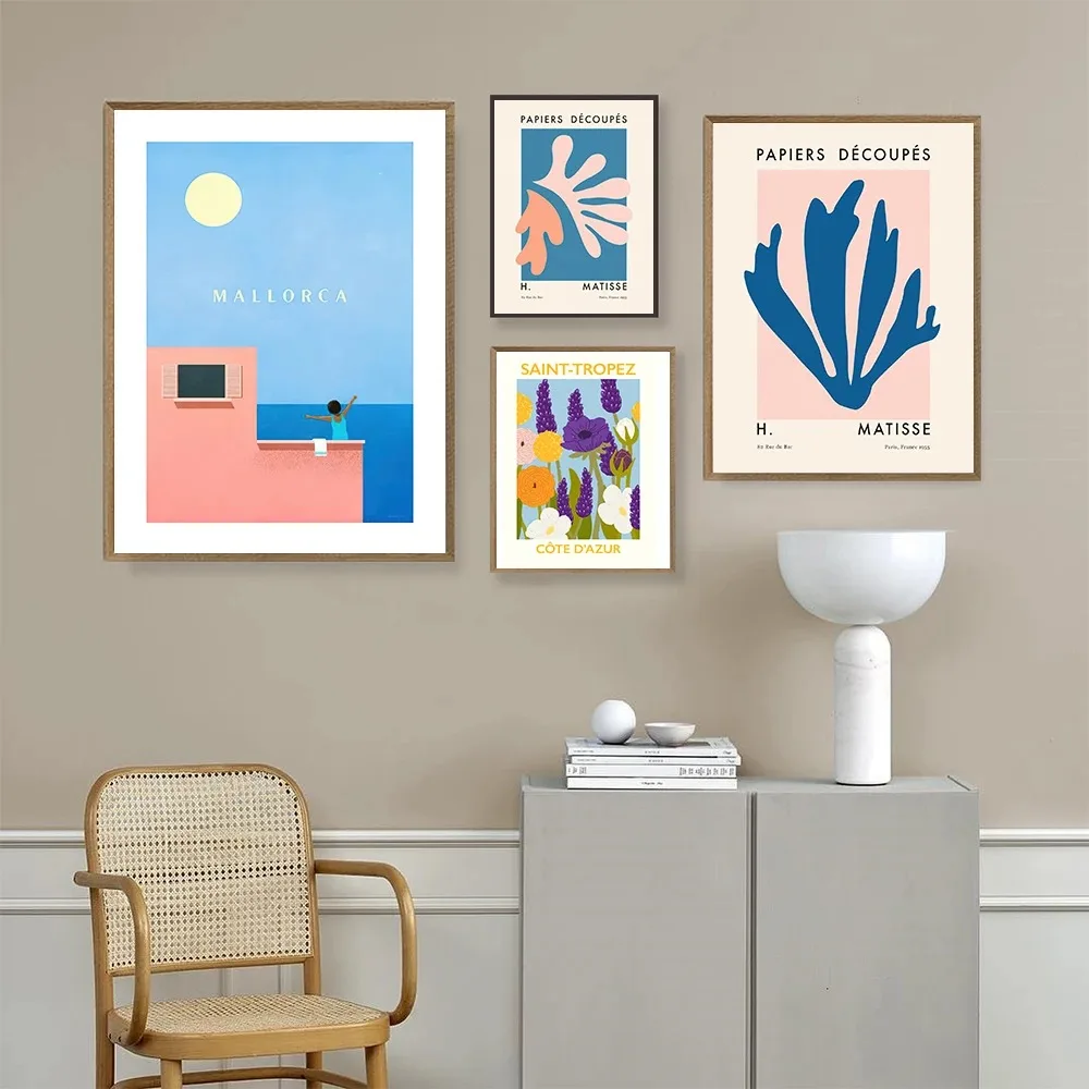 Matisse-pintura en lienzo de flores de Saint Tropez, cuadros de pared nórdicos de Mallorca, decoración del hogar, recorte rosa, naranja, azul, carteles e impresiones