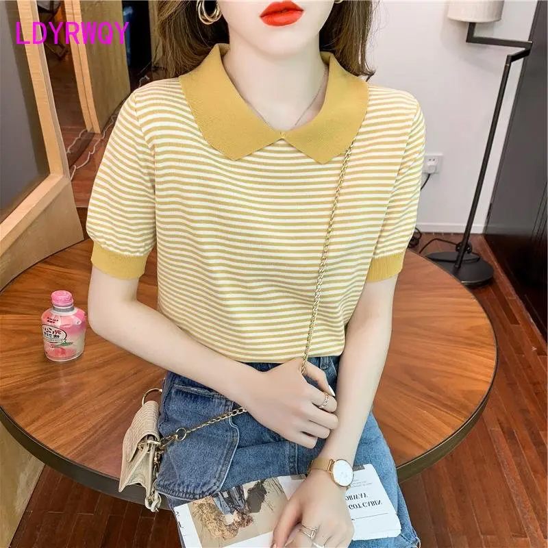 Summer 2023 new Korean striped T-shirt short-sleeved knitwear women's thin model