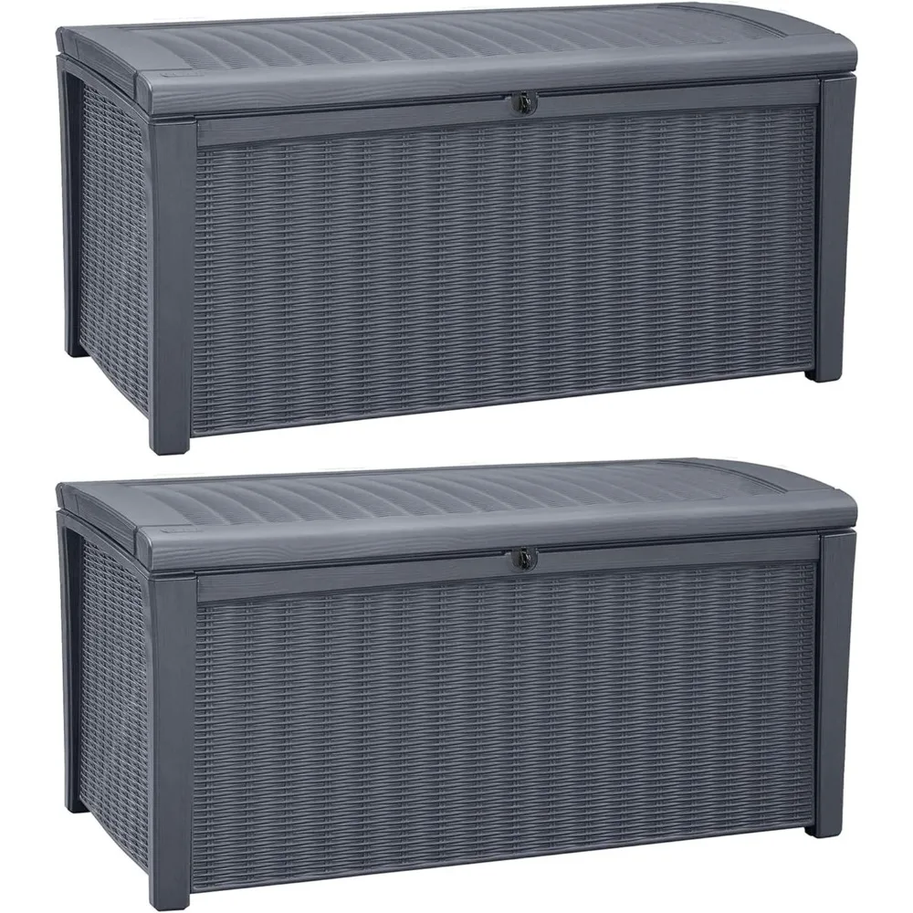 All Weather Weatherproof Rattan Wicker Resin Outdoor Patio Porch Garden Deck Organization Storage Box Bench, Grey (2 Pack)