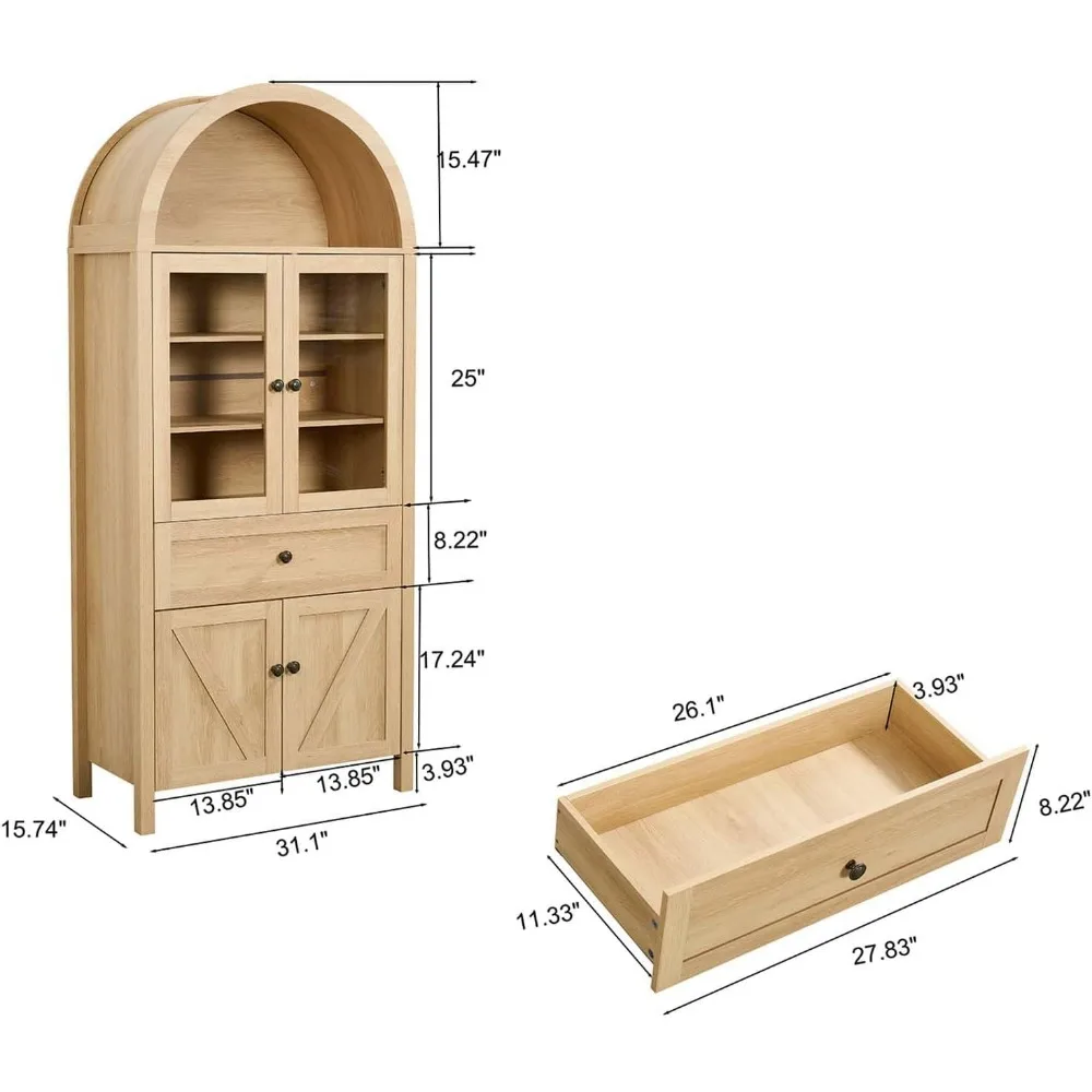 خزانة مخزن مقوسة، 71 خزانة تخزين عرض باب زجاجي طويل القامة مع درج وأرفف قابلة للتعديل، خزانة متعددة الاستخدامات للمزرعة B