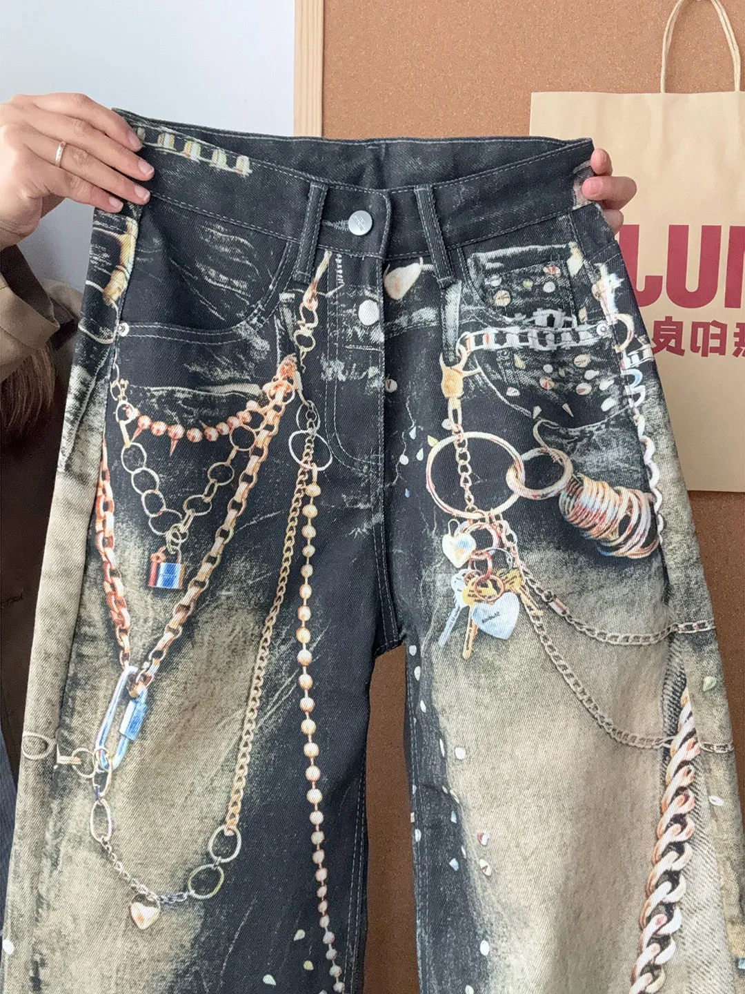 Women Jeans 2026 Fall New Arrival Wide Leg Denim Pants Heavy 3D Chain Print Long High Street Jeans Loose Trousers