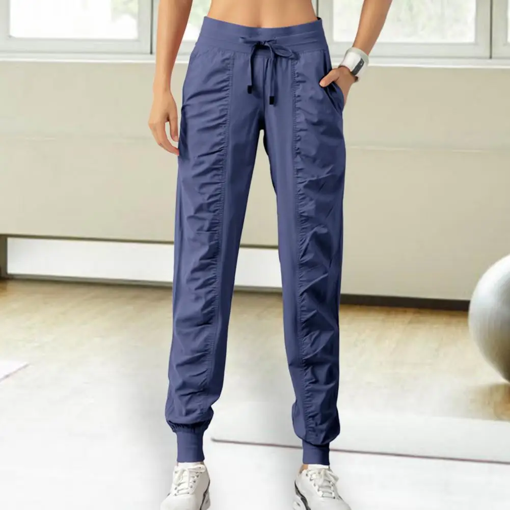 Women Cargo Pants Drawstring Elastic High Waist Solid Color Soft Breathable Sweatpants Ankle-banded Loose Lady Harem Pants