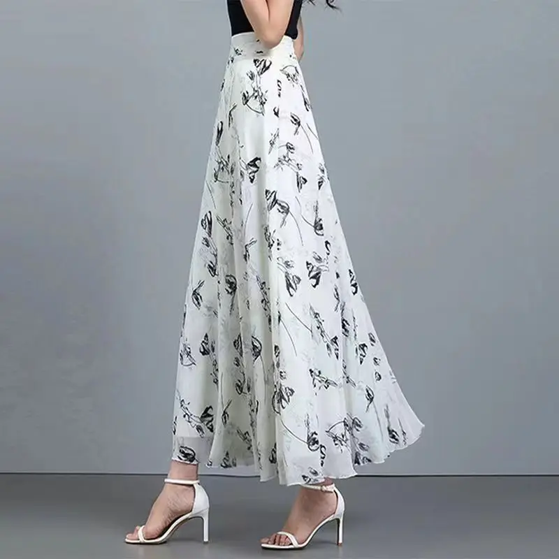 Womens Summer Skirts Hot Sales Korean Style Fashion Floral Print Chiffon High Waist Skirt Female Elegant A- line Boho Long Skirt