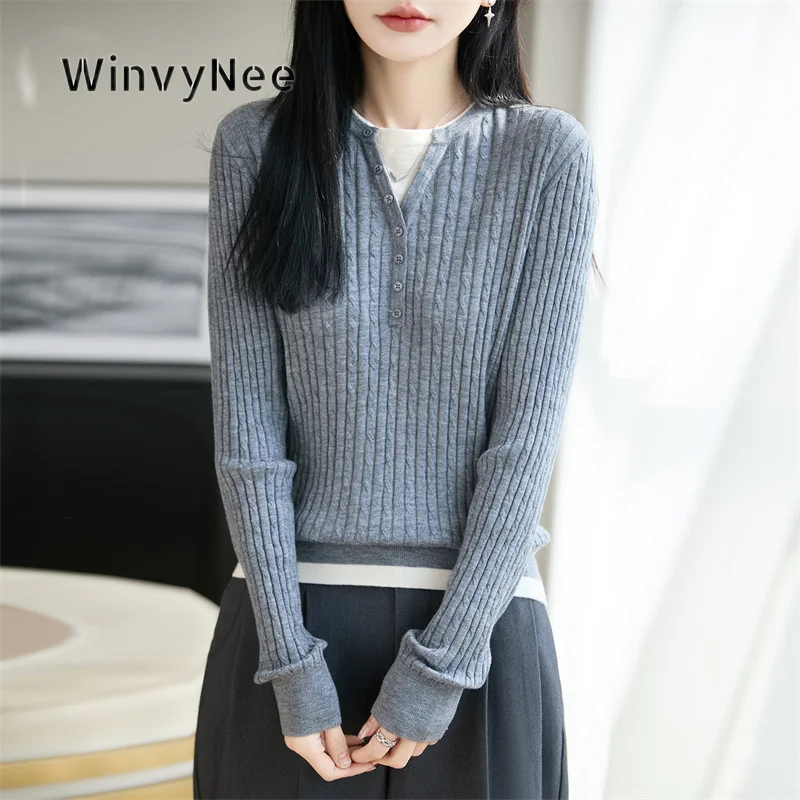 

WinvyNee Women's Pure Wool Cable Knit Fake Two Piece Soft Warm Crew Neck Knitwear Fashion Autumn Basic Sweater Tops ZA1227024