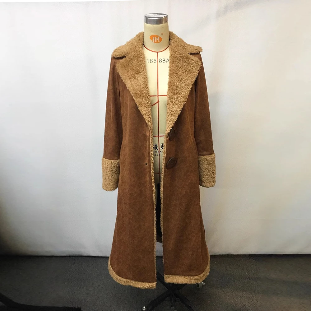 Women Brown Suede Long Windbreaker Plush Western Lapel Fluffy Trimmed Winter Outerwear Keep Warm Single-Breasted Lapels Coats